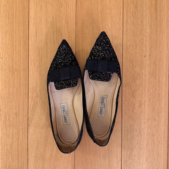 Jimmy Choo - Black Suede Glitter Gala Pointed Toe Flat - Size 38.5 - Picture 2 of 7
